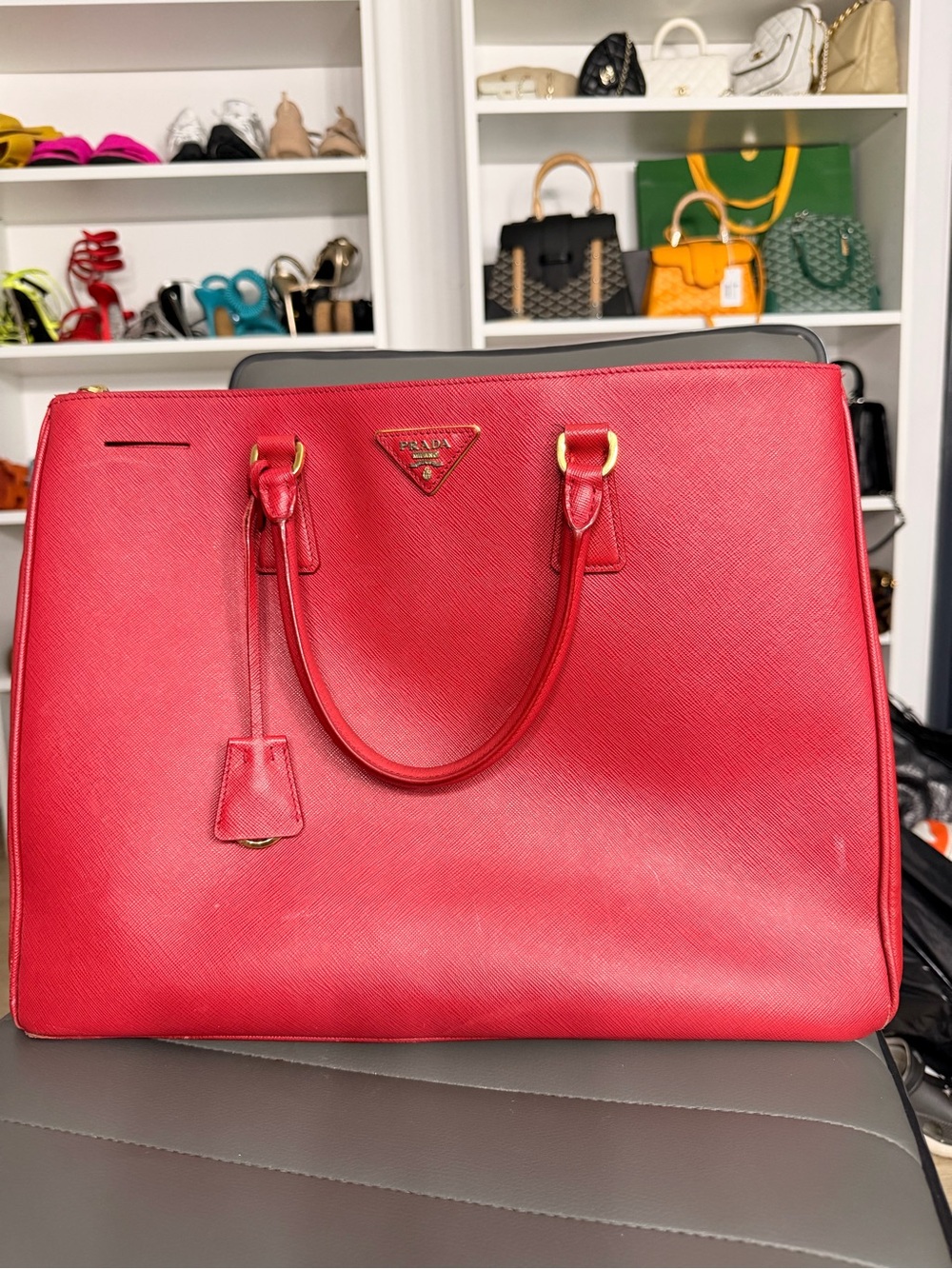 NEGOTIABLE Prada Red Saffiano Leather Tote with Gold Hardware